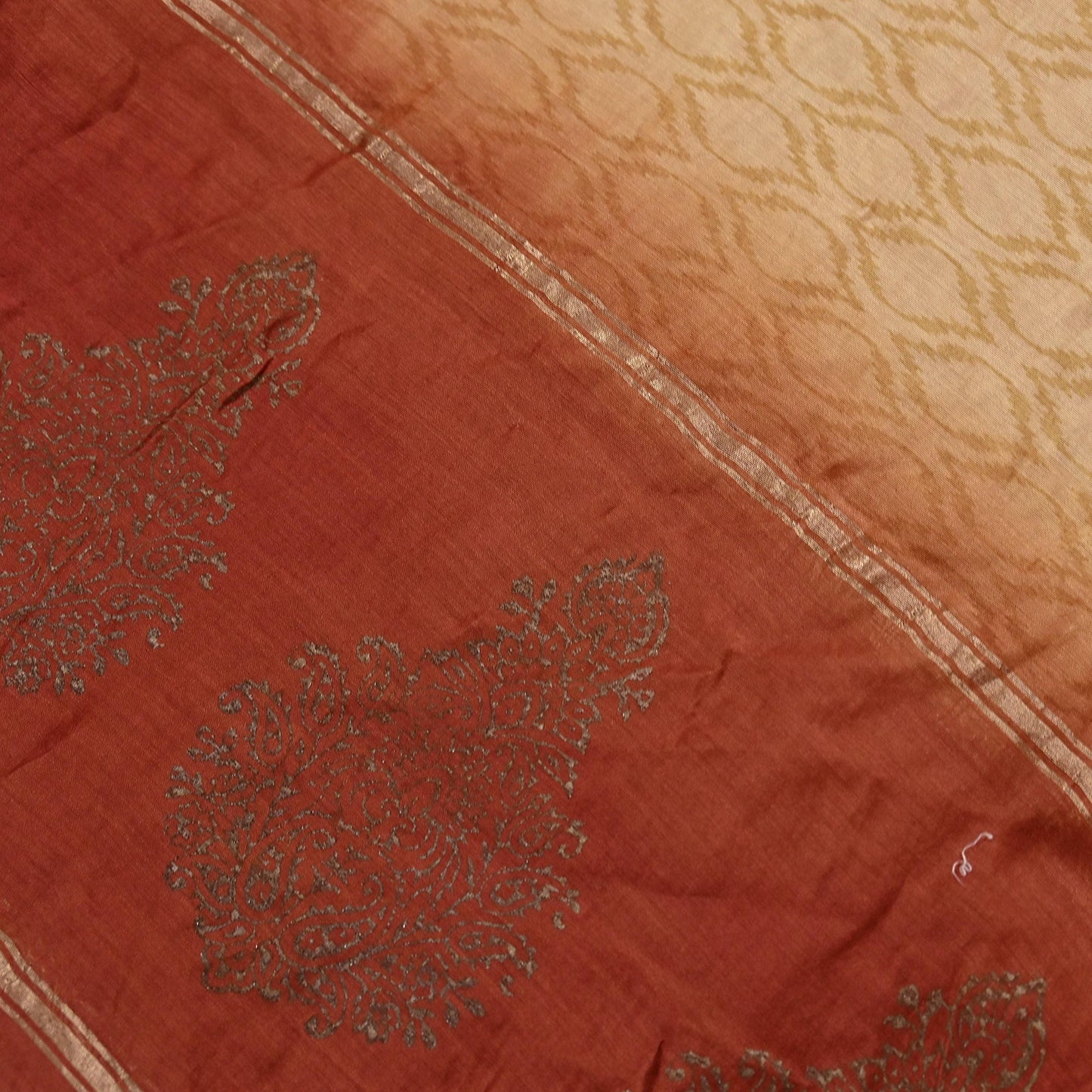 Indian Vintage Beige & Rusty Dupatta Long Stole 100% Pure Chanderi Silk Handloom Painted Scarves Veil Scarf Wrap Hippie Fringes
