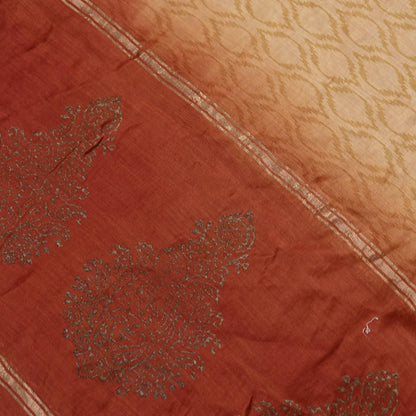 Indian Vintage Beige & Rusty Dupatta Long Stole 100% Pure Chanderi Silk Handloom Painted Scarves Veil Scarf Wrap Hippie Fringes