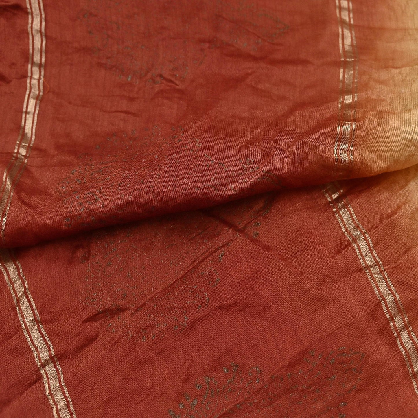 Indian Vintage Beige & Rusty Dupatta Long Stole 100% Pure Chanderi Silk Handloom Painted Scarves Veil Scarf Wrap Hippie Fringes
