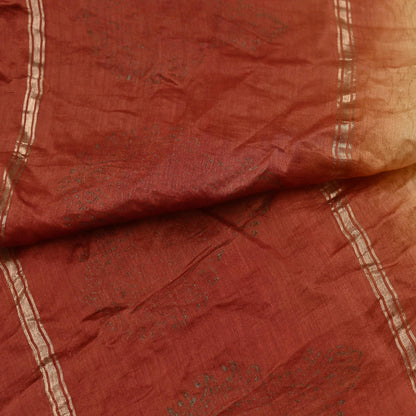Indian Vintage Beige & Rusty Dupatta Long Stole 100% Pure Chanderi Silk Handloom Painted Scarves Veil Scarf Wrap Hippie Fringes
