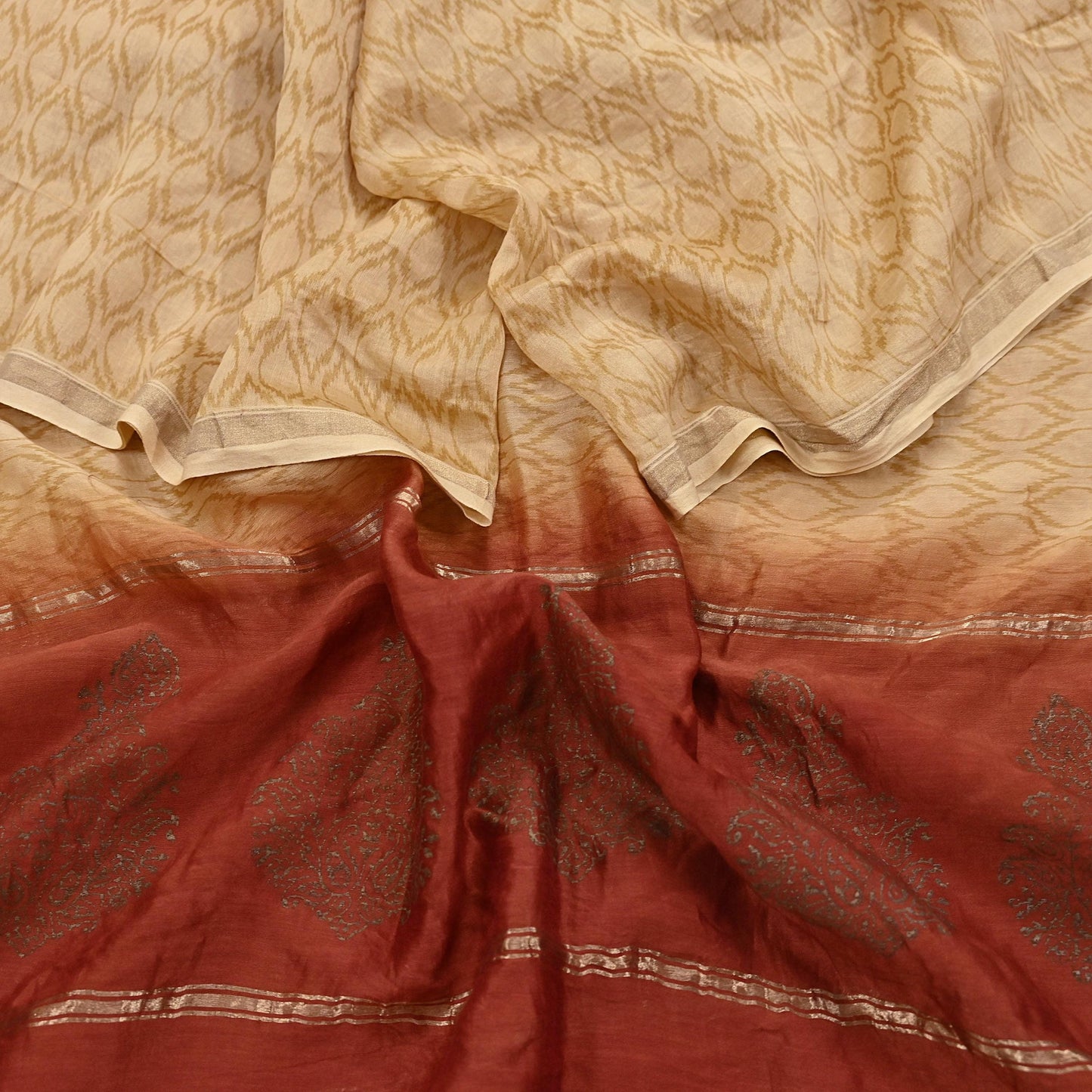 Indian Vintage Beige & Rusty Dupatta Long Stole 100% Pure Chanderi Silk Handloom Painted Scarves Veil Scarf Wrap Hippie Fringes