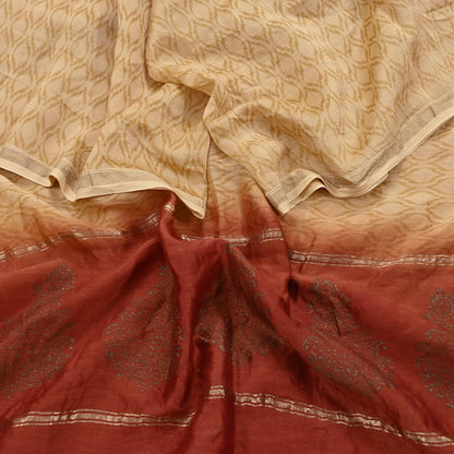 Indian Vintage Beige & Rusty Dupatta Long Stole 100% Pure Chanderi Silk Handloom Painted Scarves Veil Scarf Wrap Hippie Fringes