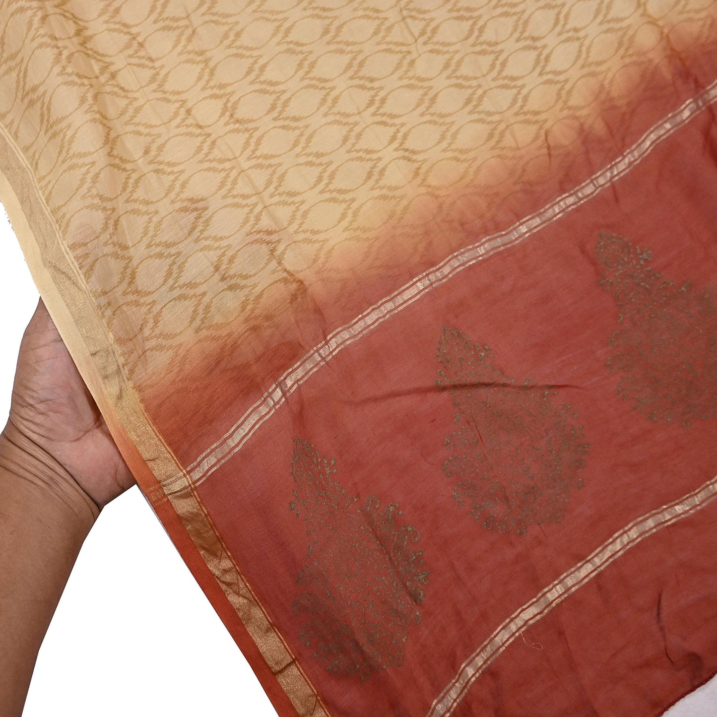 Indian Vintage Beige & Rusty Dupatta Long Stole 100% Pure Chanderi Silk Handloom Painted Scarves Veil Scarf Wrap Hippie Fringes