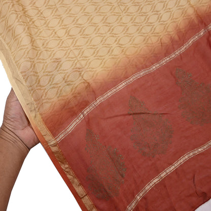 Indian Vintage Beige & Rusty Dupatta Long Stole 100% Pure Chanderi Silk Handloom Painted Scarves Veil Scarf Wrap Hippie Fringes