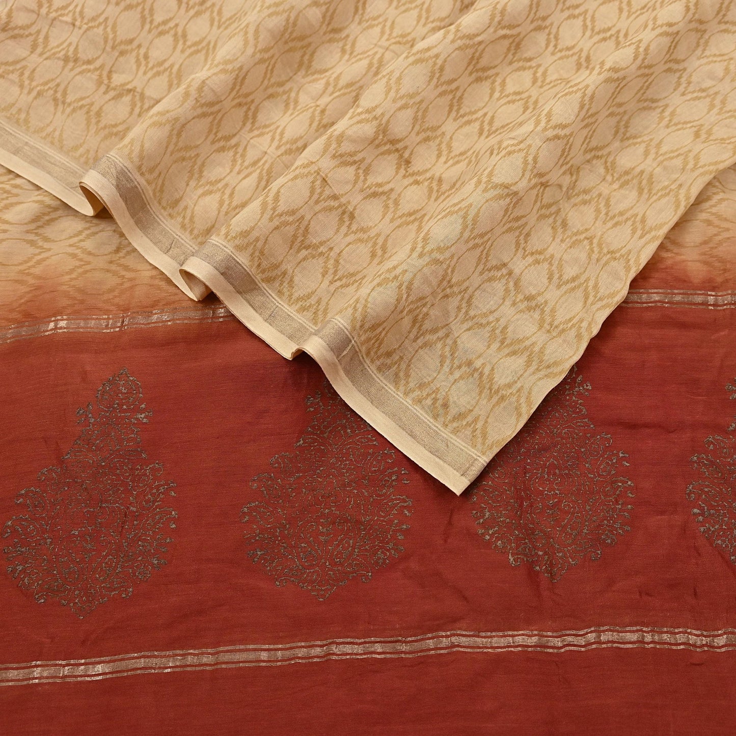 Indian Vintage Beige & Rusty Dupatta Long Stole 100% Pure Chanderi Silk Handloom Painted Scarves Veil Scarf Wrap Hippie Fringes