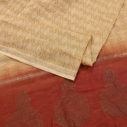 Indian Vintage Beige & Rusty Dupatta Long Stole 100% Pure Chanderi Silk Handloom Painted Scarves Veil Scarf Wrap Hippie Fringes