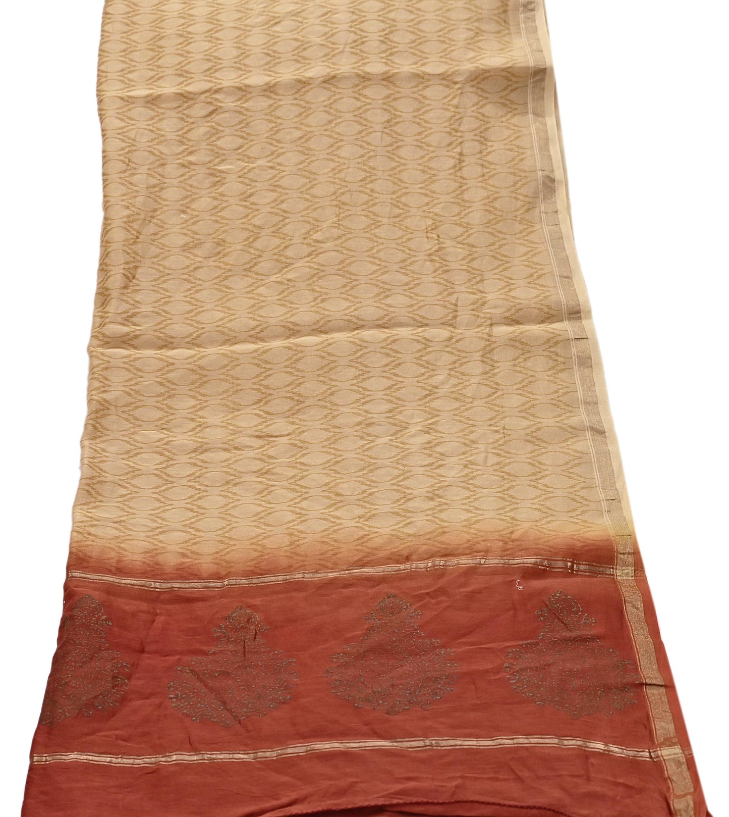Indian Vintage Beige & Rusty Dupatta Long Stole 100% Pure Chanderi Silk Handloom Painted Scarves Veil Scarf Wrap Hippie Fringes