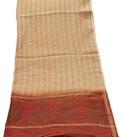 Indian Vintage Beige & Rusty Dupatta Long Stole 100% Pure Chanderi Silk Handloom Painted Scarves Veil Scarf Wrap Hippie Fringes