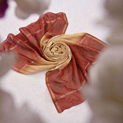 Indian Vintage Beige & Rusty Dupatta Long Stole 100% Pure Chanderi Silk Handloom Painted Scarves Veil Scarf Wrap Hippie Fringes
