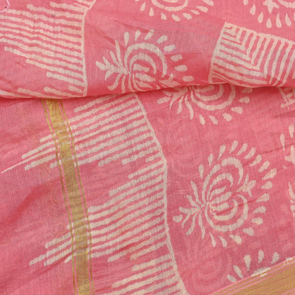 Indian Vintage Dupatta Peach Dupatta Long Stole Block Print Pure Chanderi Silk Scarves Veil Golden Zari