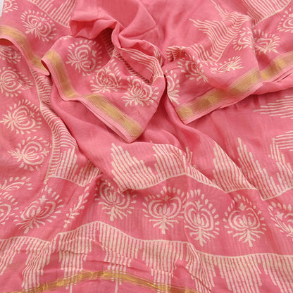 Indian Vintage Dupatta Peach Dupatta Long Stole Block Print Pure Chanderi Silk Scarves Veil Golden Zari