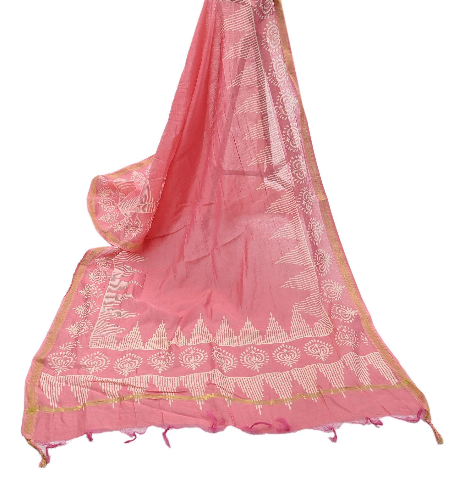 Indian Vintage Dupatta Peach Dupatta Long Stole Block Print Pure Chanderi Silk Scarves Veil Golden Zari