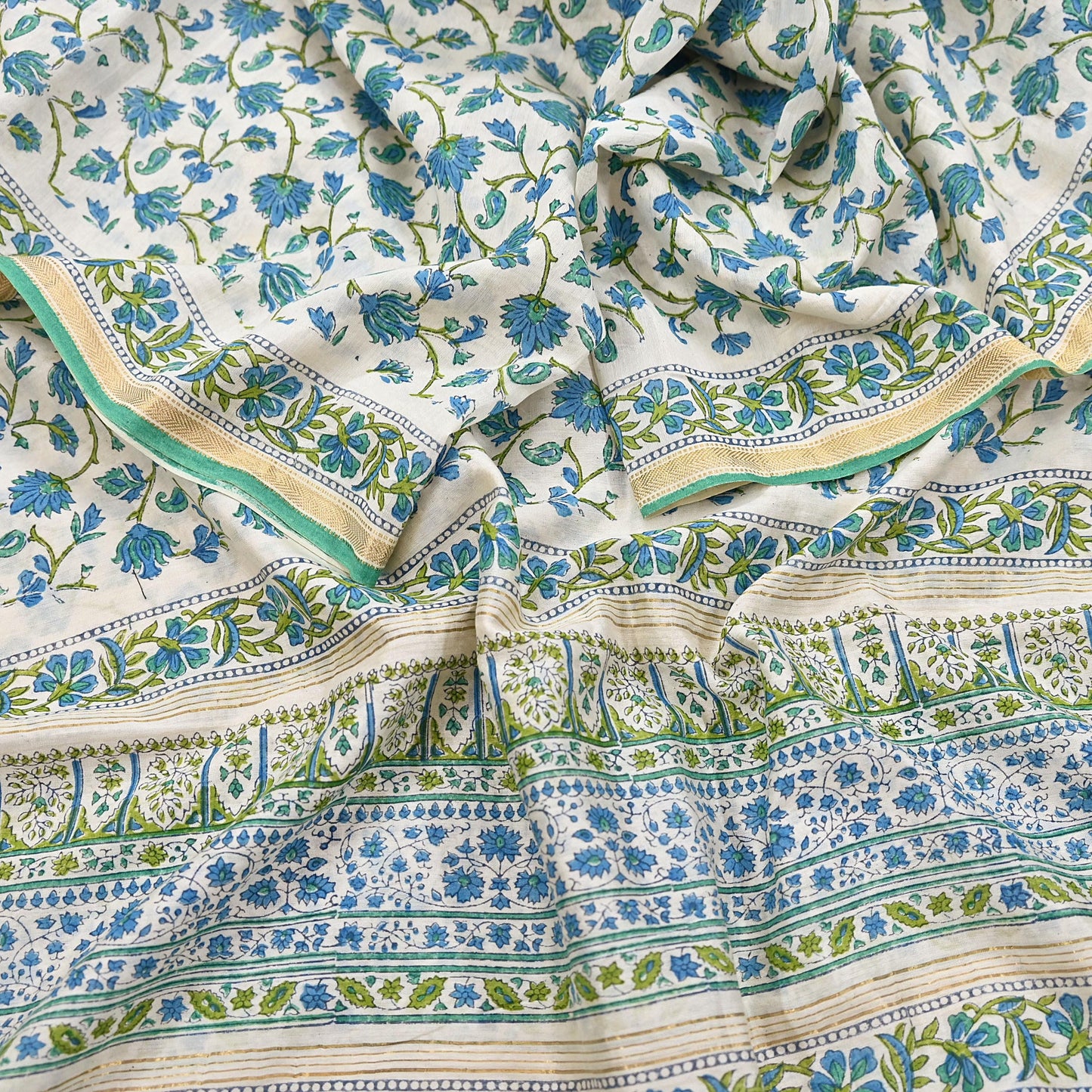 Indian Vintage Dupatta Green Dupatta Long Stole Block Print Pure Chanderi Silk Scarves Veil Golden Zari