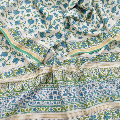 Indian Vintage Dupatta Green Dupatta Long Stole Block Print Pure Chanderi Silk Scarves Veil Golden Zari
