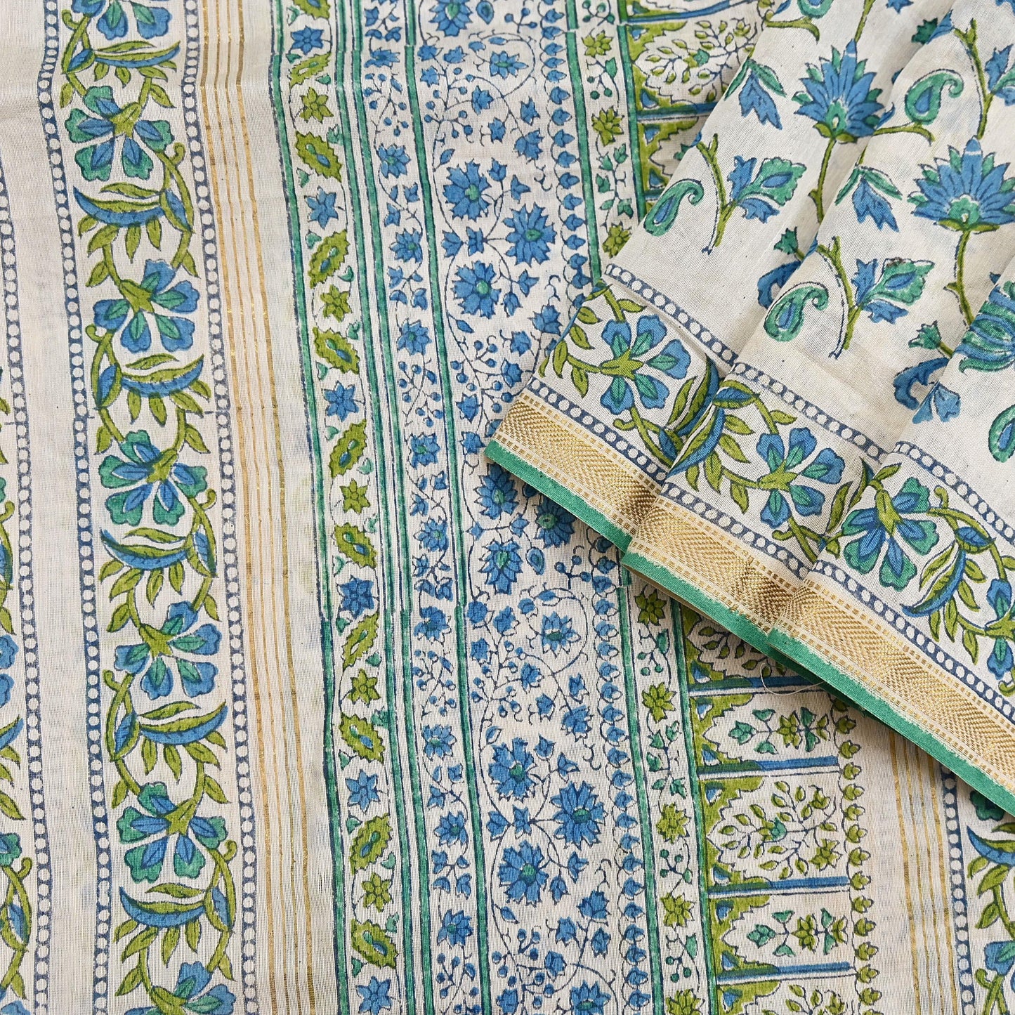 Indian Vintage Dupatta Green Dupatta Long Stole Block Print Pure Chanderi Silk Scarves Veil Golden Zari