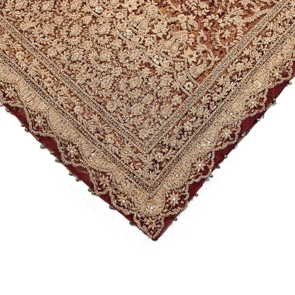 Indian Vintage Heavy Luxury Wedding Maroon Dupatta Net Mesh Long Stole Hand Embroidered Scarves Zardozi Zari Sequins Dridal Veil Hijab