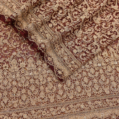 Indian Vintage Heavy Luxury Wedding Maroon Dupatta Net Mesh Long Stole Hand Embroidered Scarves Zardozi Zari Sequins Dridal Veil Hijab