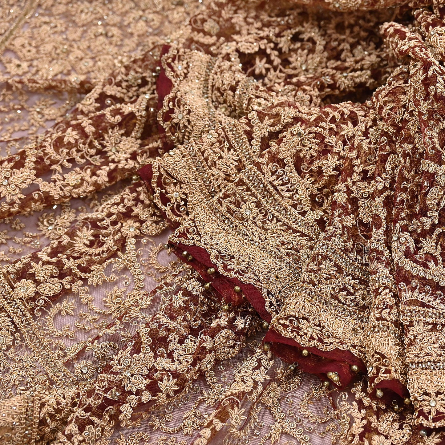 Indian Vintage Heavy Luxury Wedding Maroon Dupatta Net Mesh Long Stole Hand Embroidered Scarves Zardozi Zari Sequins Dridal Veil Hijab