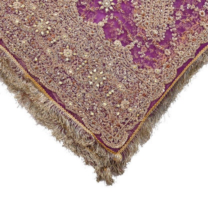 Indian Vintage Heavy Luxury Wedding Purple Dupatta Net Mesh Long Stole Hand Embroidered Scarf Zardozi Zari Sequins Stole Bridal Veil