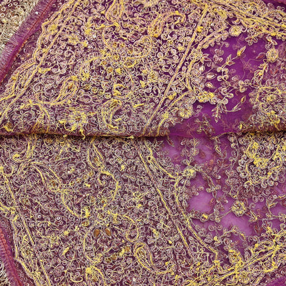 Indian Vintage Heavy Luxury Wedding Purple Dupatta Net Mesh Long Stole Hand Embroidered Scarf Zardozi Zari Sequins Stole Bridal Veil
