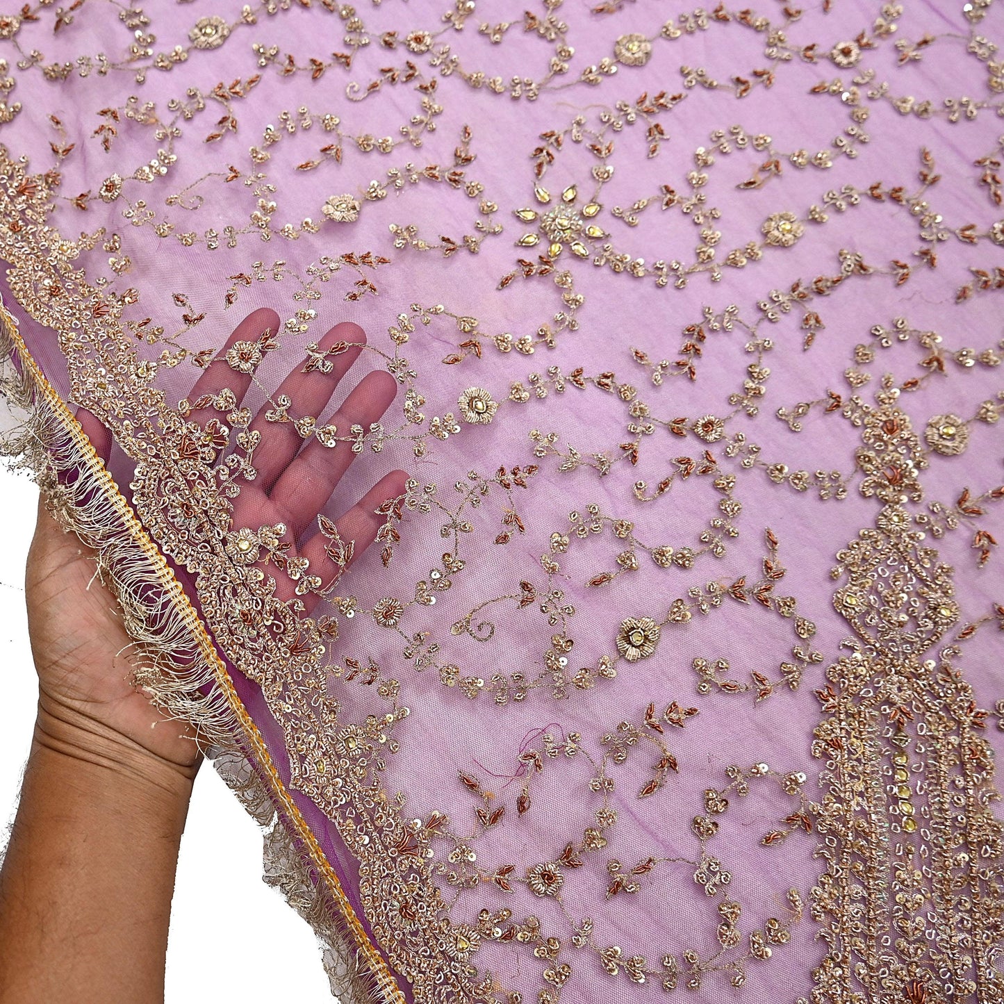 Indian Vintage Heavy Luxury Wedding Purple Dupatta Net Mesh Long Stole Hand Embroidered Scarf Zardozi Zari Sequins Stole Bridal Veil