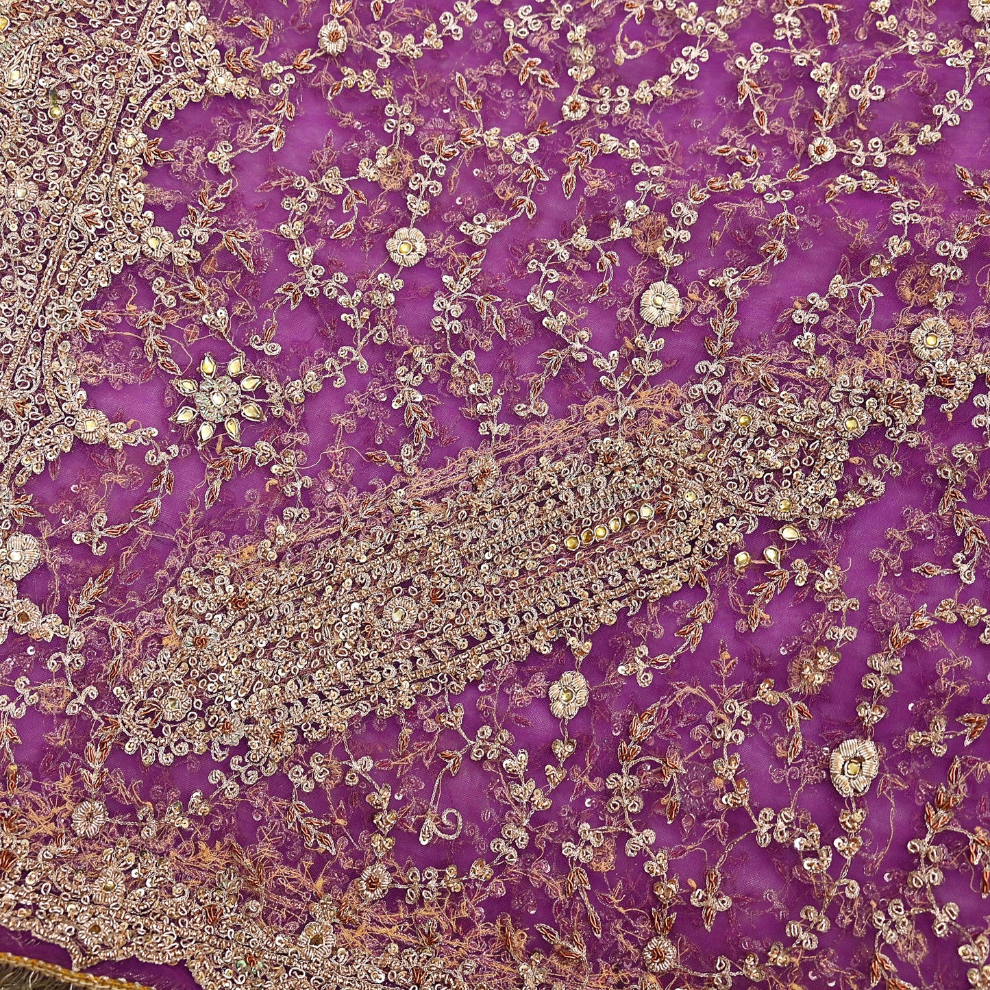 Indian Vintage Heavy Luxury Wedding Purple Dupatta Net Mesh Long Stole Hand Embroidered Scarf Zardozi Zari Sequins Stole Bridal Veil