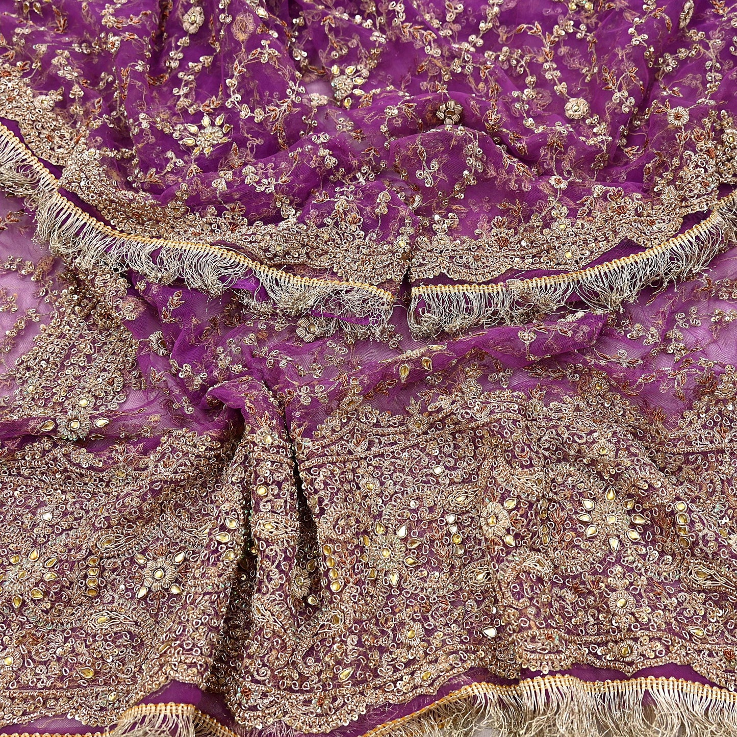 Indian Vintage Heavy Luxury Wedding Purple Dupatta Net Mesh Long Stole Hand Embroidered Scarf Zardozi Zari Sequins Stole Bridal Veil