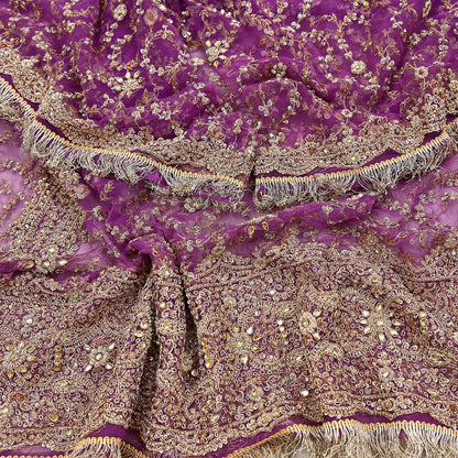 Indian Vintage Heavy Luxury Wedding Purple Dupatta Net Mesh Long Stole Hand Embroidered Scarf Zardozi Zari Sequins Stole Bridal Veil