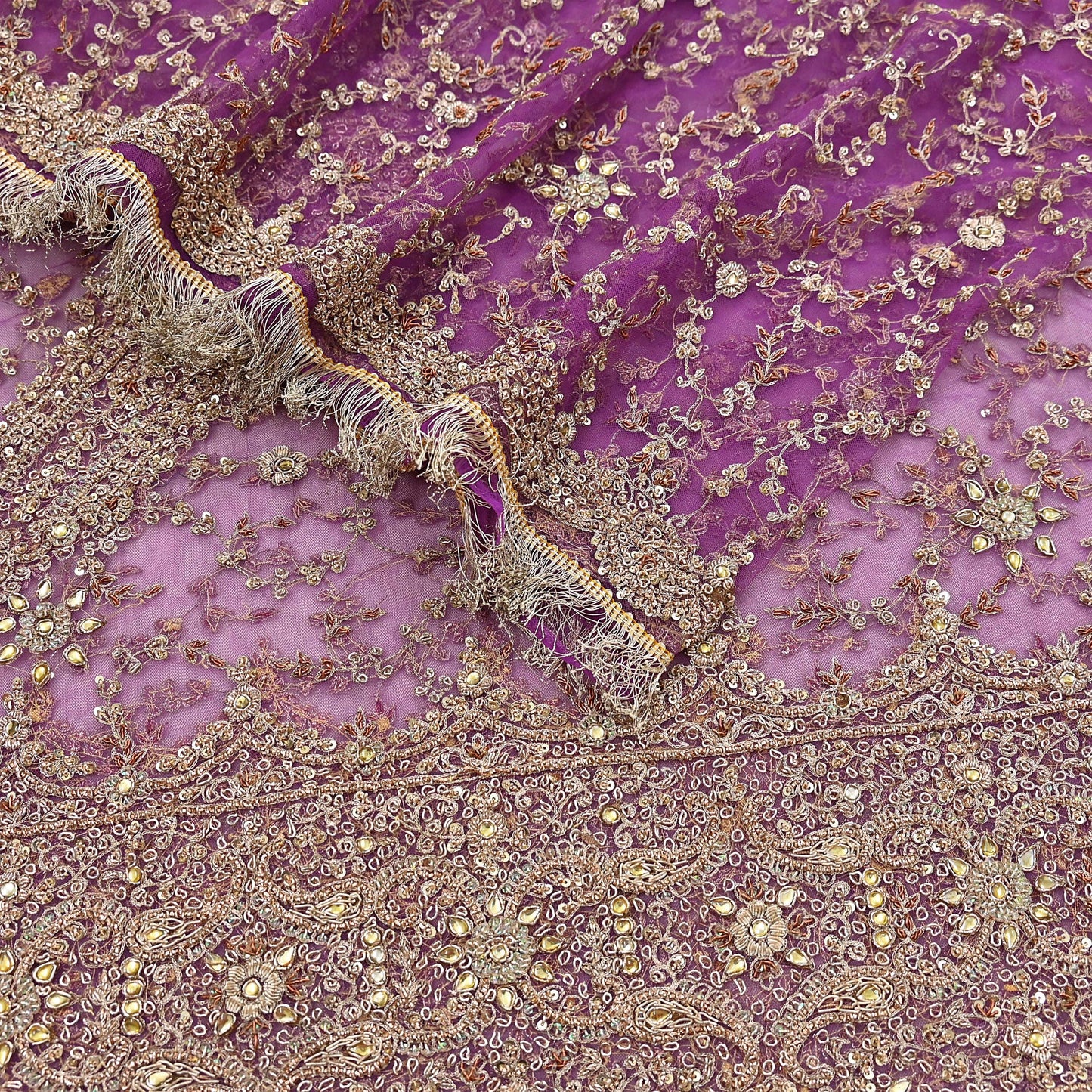 Indian Vintage Heavy Luxury Wedding Purple Dupatta Net Mesh Long Stole Hand Embroidered Scarf Zardozi Zari Sequins Stole Bridal Veil