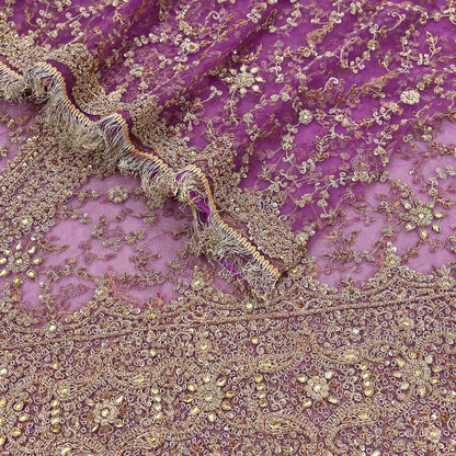 Indian Vintage Heavy Luxury Wedding Purple Dupatta Net Mesh Long Stole Hand Embroidered Scarf Zardozi Zari Sequins Stole Bridal Veil