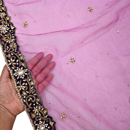 Indian Vintage Luxury Heavy Bridal Pink Dupatta Net Mesh Long Stole Hand Embroidered Scarves Golden Zardozi Dabka Zari Sequins Veil Hijab