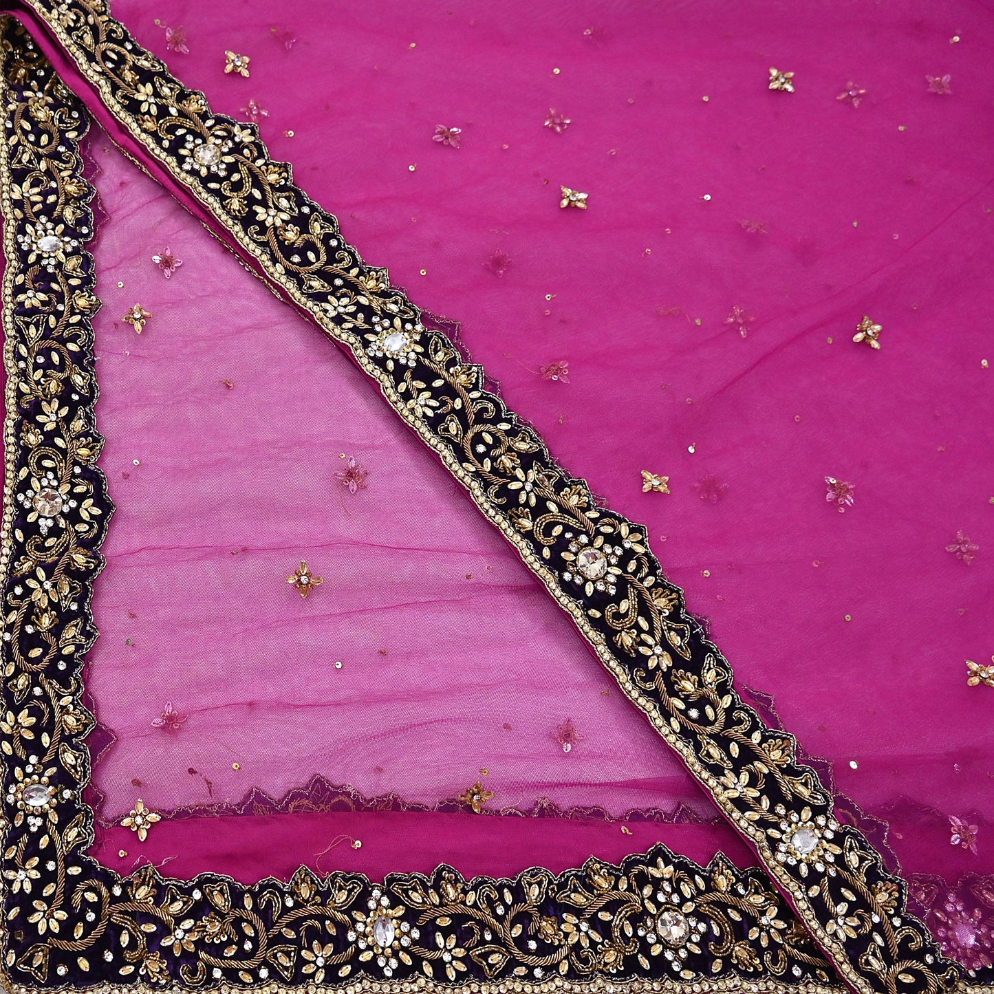 Indian Vintage Luxury Heavy Bridal Pink Dupatta Net Mesh Long Stole Hand Embroidered Scarves Golden Zardozi Dabka Zari Sequins Veil Hijab