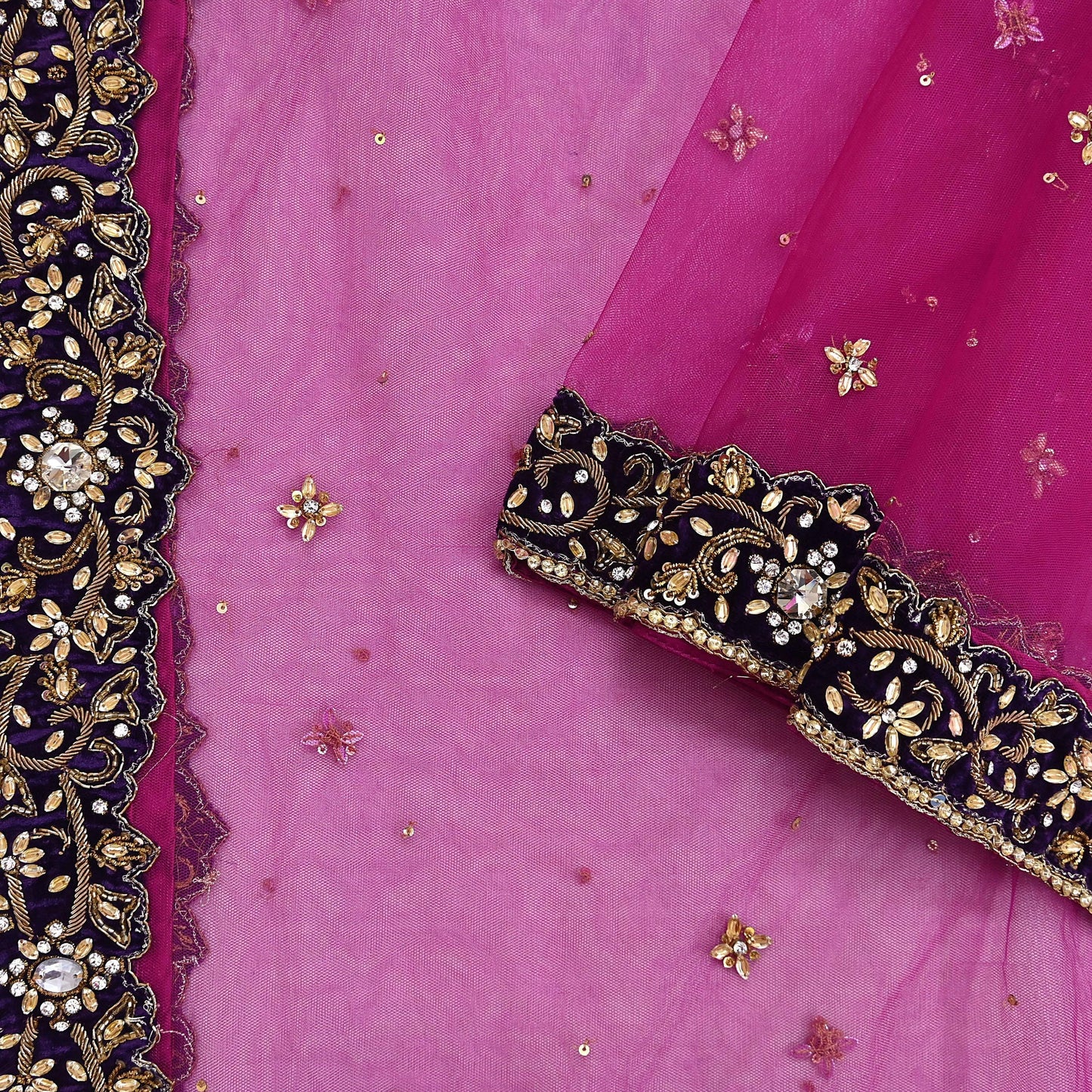 Indian Vintage Luxury Heavy Bridal Pink Dupatta Net Mesh Long Stole Hand Embroidered Scarves Golden Zardozi Dabka Zari Sequins Veil Hijab