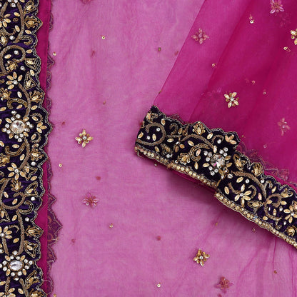 Indian Vintage Luxury Heavy Bridal Pink Dupatta Net Mesh Long Stole Hand Embroidered Scarves Golden Zardozi Dabka Zari Sequins Veil Hijab