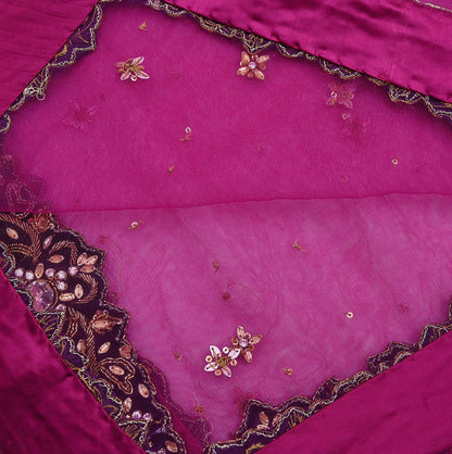 Indian Vintage Luxury Heavy Bridal Pink Dupatta Net Mesh Long Stole Hand Embroidered Scarves Golden Zardozi Dabka Zari Sequins Veil Hijab