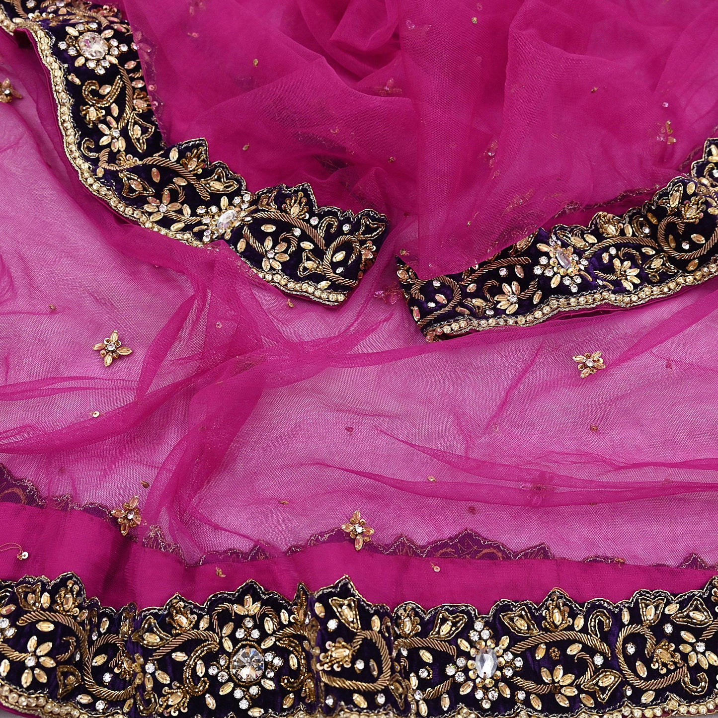 Indian Vintage Luxury Heavy Bridal Pink Dupatta Net Mesh Long Stole Hand Embroidered Scarves Golden Zardozi Dabka Zari Sequins Veil Hijab