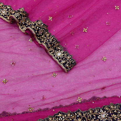 Indian Vintage Luxury Heavy Bridal Pink Dupatta Net Mesh Long Stole Hand Embroidered Scarves Golden Zardozi Dabka Zari Sequins Veil Hijab