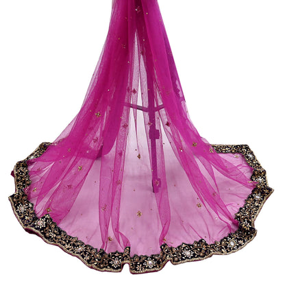 Indian Vintage Luxury Heavy Bridal Pink Dupatta Net Mesh Long Stole Hand Embroidered Scarves Golden Zardozi Dabka Zari Sequins Veil Hijab
