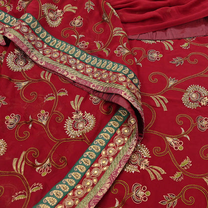 Indian Vintage Sari Red Pure Georgette Silk Hand Embroidered Sarees Craft Fabric 5Yd Sewing Soft Ethnic Wedding Sarees with Blouse Fabric