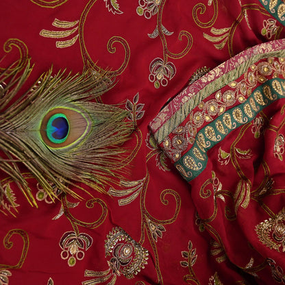 Indian Vintage Sari Red Pure Georgette Silk Hand Embroidered Sarees Craft Fabric 5Yd Sewing Soft Ethnic Wedding Sarees with Blouse Fabric