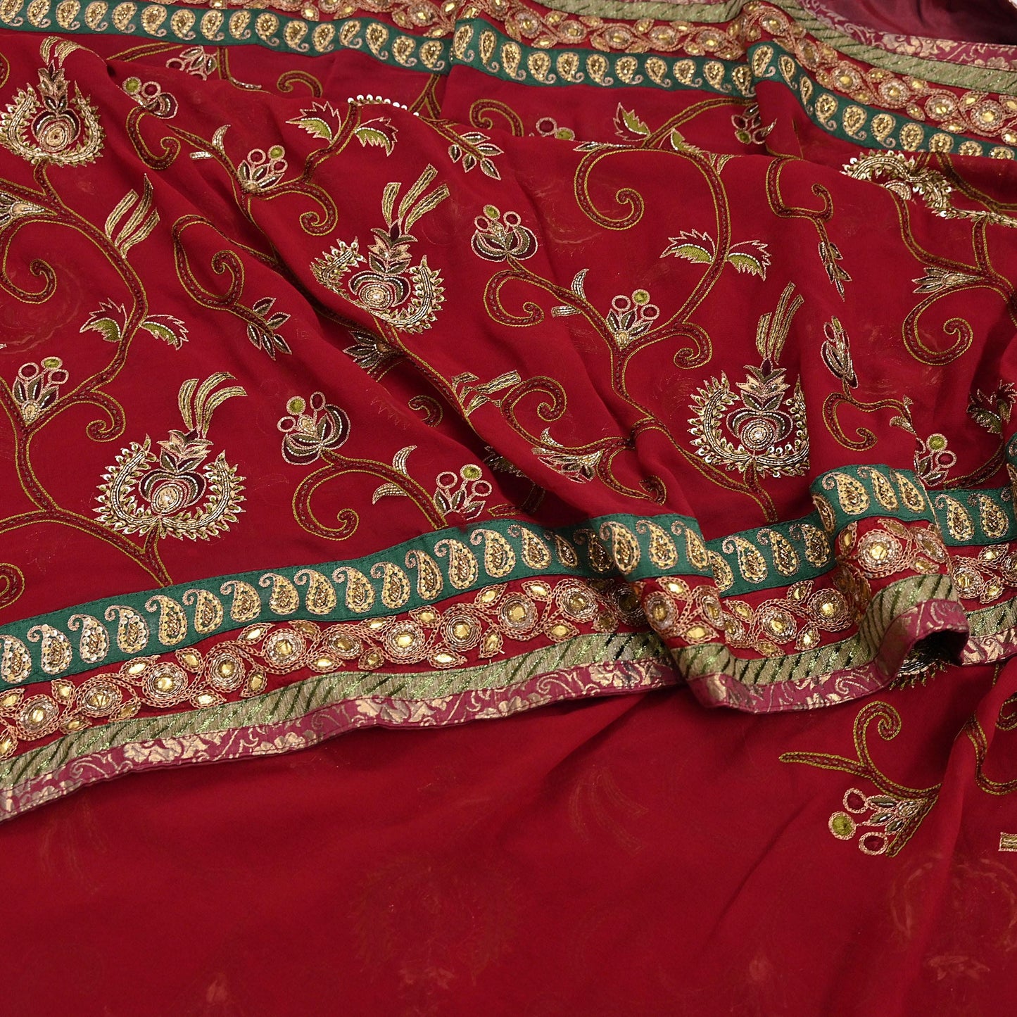Indian Vintage Sari Red Pure Georgette Silk Hand Embroidered Sarees Craft Fabric 5Yd Sewing Soft Ethnic Wedding Sarees with Blouse Fabric