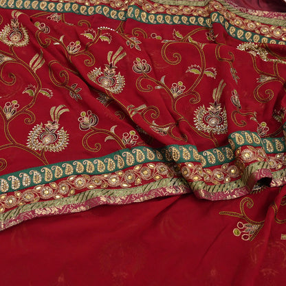 Indian Vintage Sari Red Pure Georgette Silk Hand Embroidered Sarees Craft Fabric 5Yd Sewing Soft Ethnic Wedding Sarees with Blouse Fabric