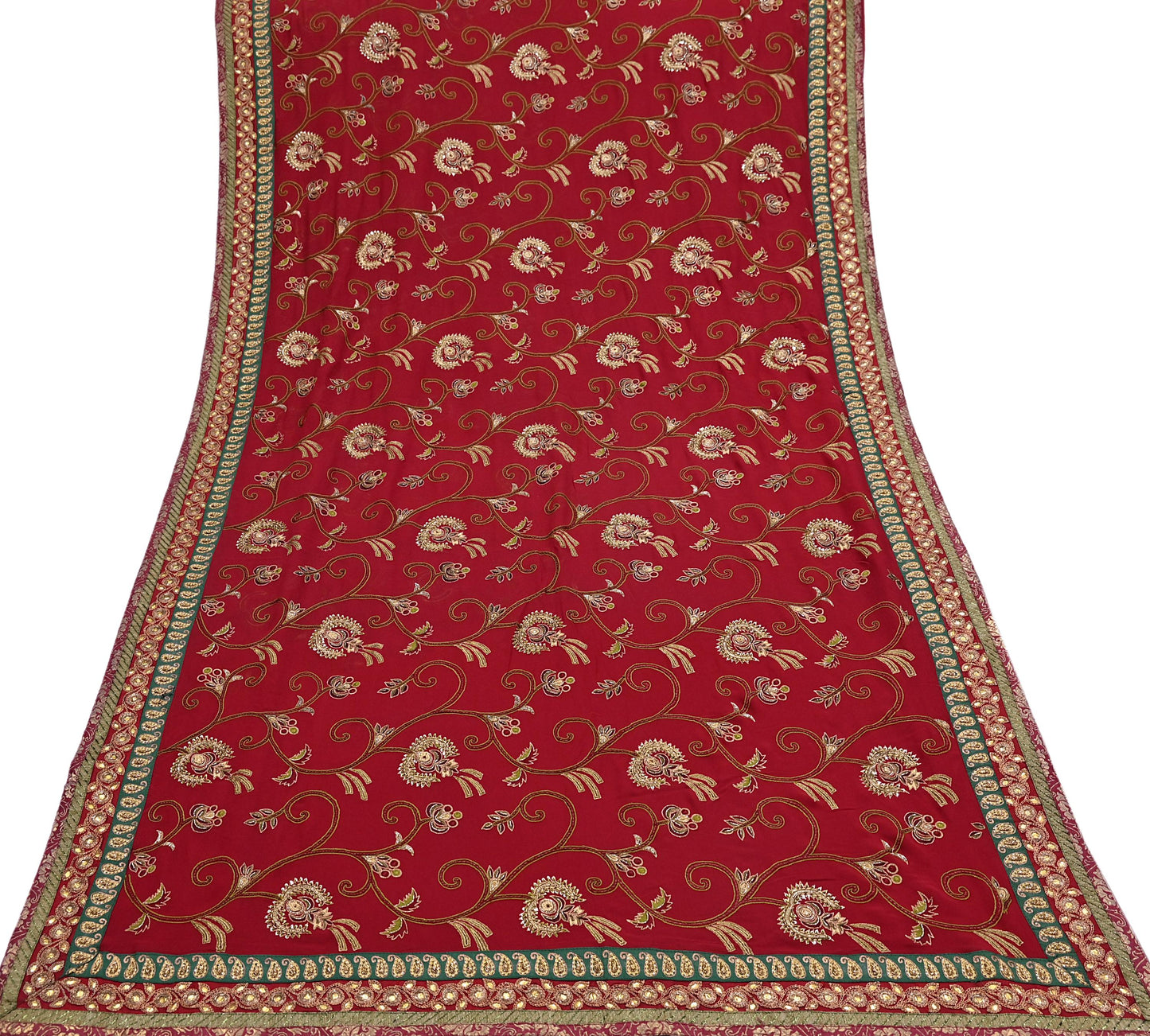 Indian Vintage Sari Red Pure Georgette Silk Hand Embroidered Sarees Craft Fabric 5Yd Sewing Soft Ethnic Wedding Sarees with Blouse Fabric