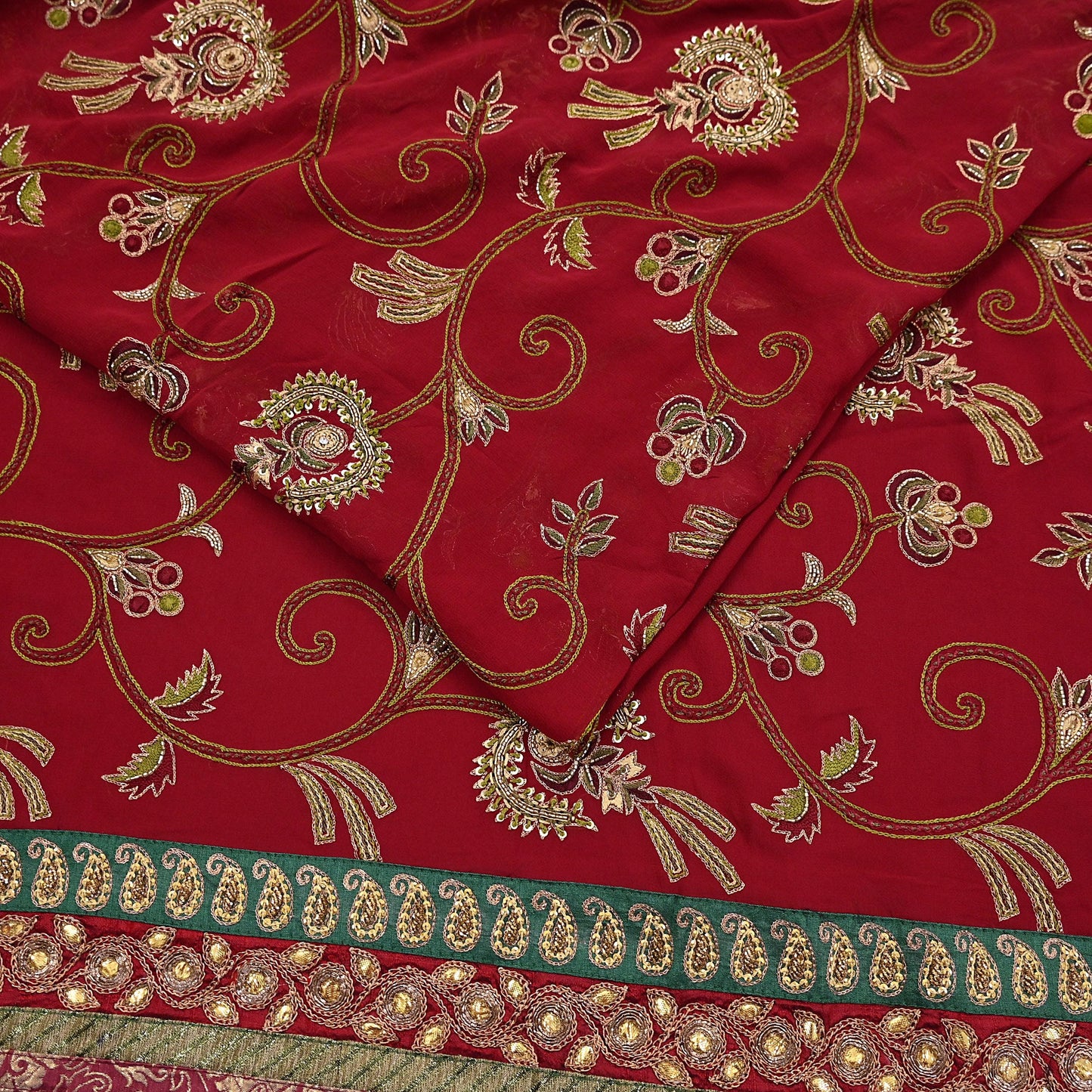 Indian Vintage Sari Red Pure Georgette Silk Hand Embroidered Sarees Craft Fabric 5Yd Sewing Soft Ethnic Wedding Sarees with Blouse Fabric