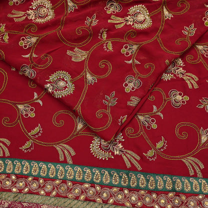 Indian Vintage Sari Red Pure Georgette Silk Hand Embroidered Sarees Craft Fabric 5Yd Sewing Soft Ethnic Wedding Sarees with Blouse Fabric
