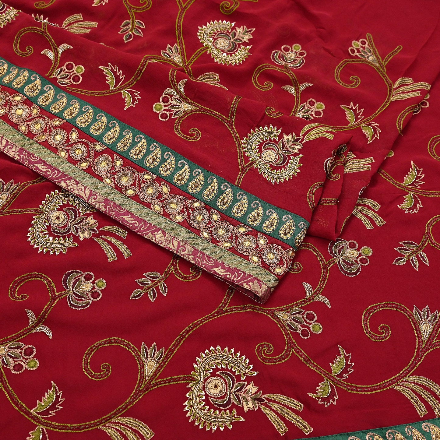 Indian Vintage Sari Red Pure Georgette Silk Hand Embroidered Sarees Craft Fabric 5Yd Sewing Soft Ethnic Wedding Sarees with Blouse Fabric