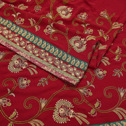 Indian Vintage Sari Red Pure Georgette Silk Hand Embroidered Sarees Craft Fabric 5Yd Sewing Soft Ethnic Wedding Sarees with Blouse Fabric