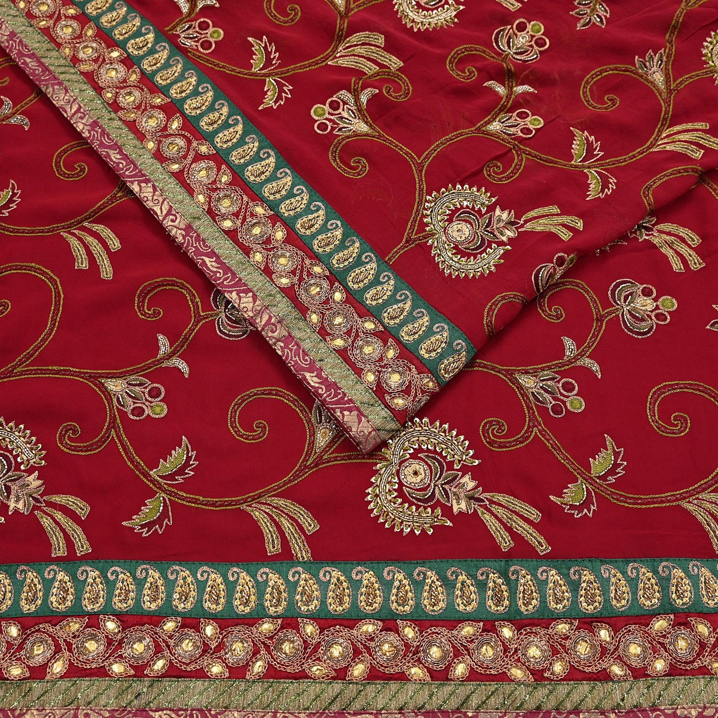 Indian Vintage Sari Red Pure Georgette Silk Hand Embroidered Sarees Craft Fabric 5Yd Sewing Soft Ethnic Wedding Sarees with Blouse Fabric