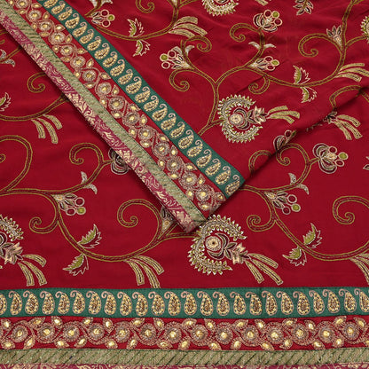 Indian Vintage Sari Red Pure Georgette Silk Hand Embroidered Sarees Craft Fabric 5Yd Sewing Soft Ethnic Wedding Sarees with Blouse Fabric
