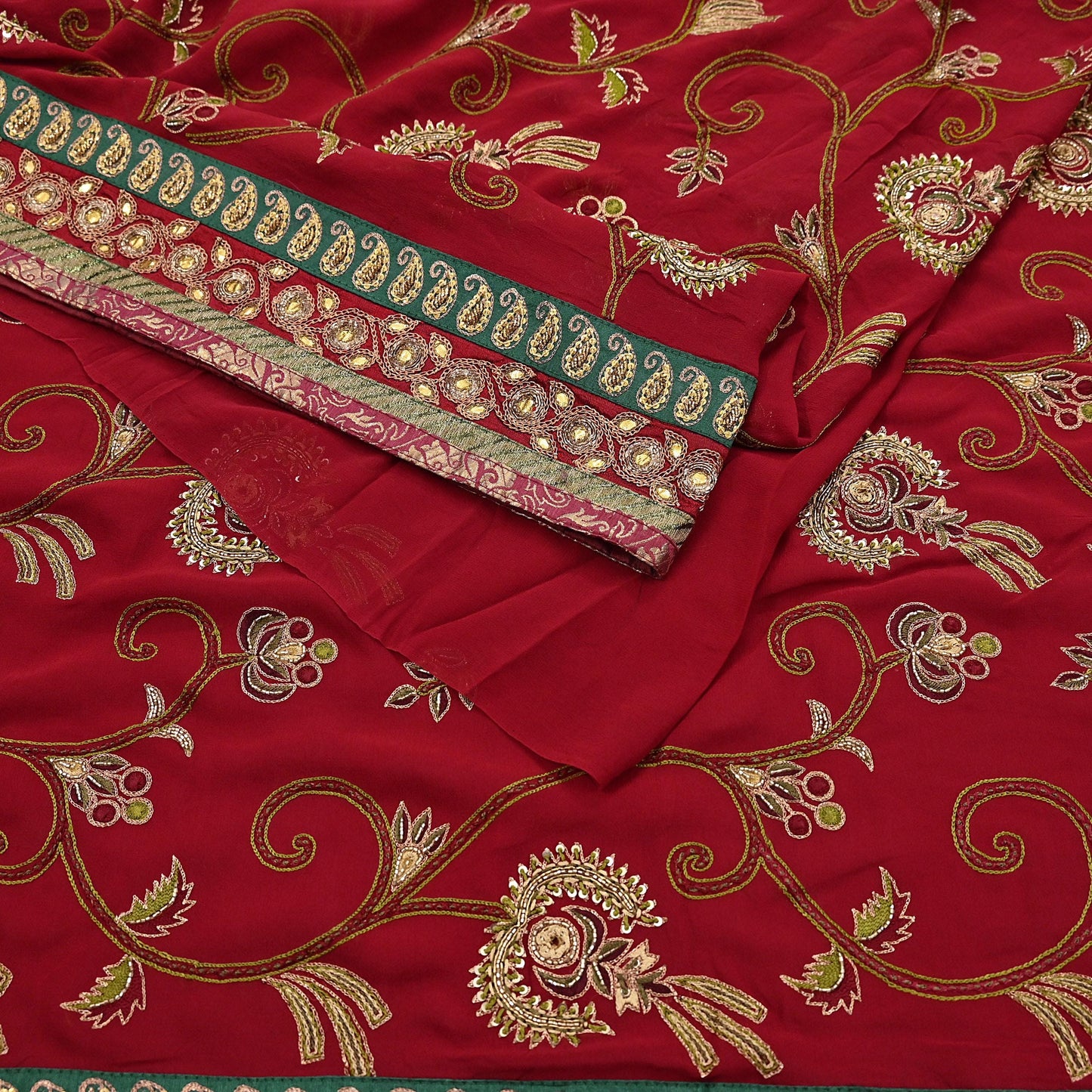 Indian Vintage Sari Red Pure Georgette Silk Hand Embroidered Sarees Craft Fabric 5Yd Sewing Soft Ethnic Wedding Sarees with Blouse Fabric